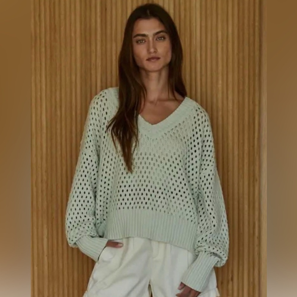 By Together Mint Green Open-Knit V-Neck Sweater